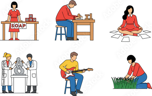 Set of flat vector illustrations featuring diverse people engaging in creative hobbies including pottery making soap sculpting playing electric guitar gardening and meditation.