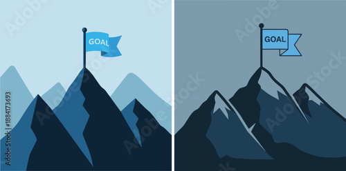 A motivational vector illustration featuring a jagged mountain peak topped with a blue flag labeled "GOAL," shown in both bright daylight and darker high-contrast twilight versions.