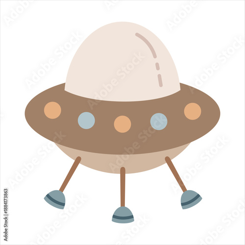 Cartoon UFO flying saucer for kids space design. Fantasy cosmic clipart. Vector illustration