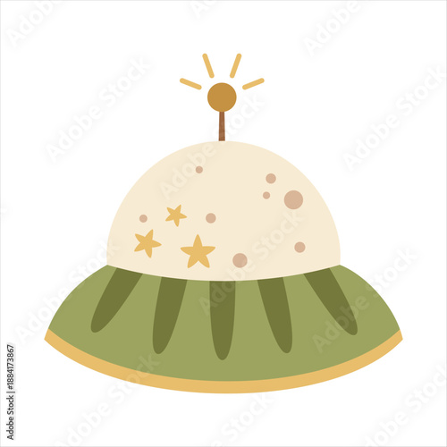 Cartoon UFO flying saucer for kids space design. Fantasy cosmic clipart. Vector illustration