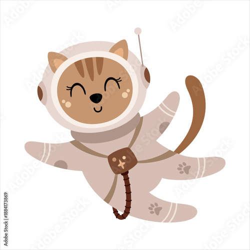 Cartoon cat astronaut clipart for kids space design. Cute animal cosmonaut vector illustration in pastel colors.