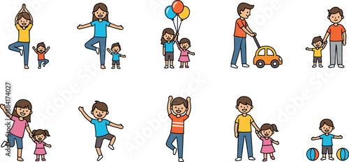 Set of flat vector illustrations featuring parents and children engaging in activities including yoga playing with balloons walking with toy cars and balancing for family wellness.