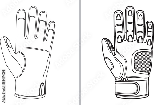 A detailed black and white line art vector illustration of heavy-duty industrial work gloves, showing both the palm view with reinforcements and the back view with knuckle protection.