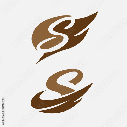 Modern Cursive S Letter Logo with Abstract Organic Wing Shapes in Coffee Brown