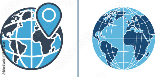 Two stylized blue globes representing global connectivity. One features a prominent location pin over Africa, while the other shows a detailed world map with a coordinate grid.