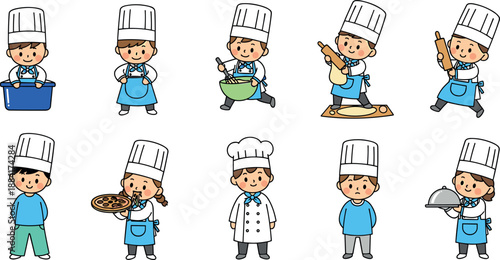 Set of cute happy cartoon children in white chef hats and blue aprons baking bread rolling dough and serving food for kids cooking class vector.