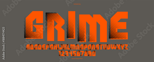 Halftone dotted futuristic cyberpunk font for logos and posters, vector brutal industrial typeface alphabet letters and numbers, urban technic future typography.