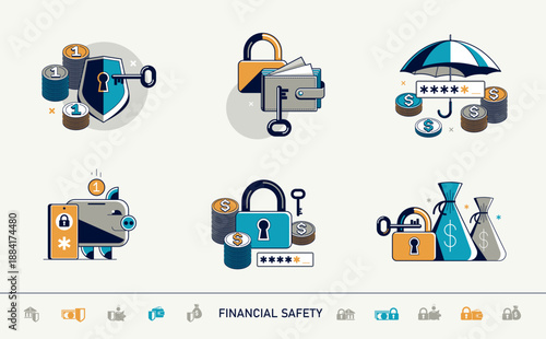 Financial safety vector detailed icons set, secured account and transaction, protected finance money.