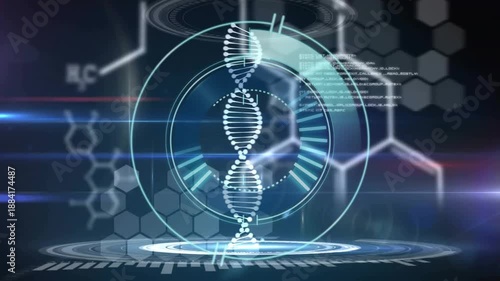Holographic DNA helix spinning in virtual lab interface, displaying code blocks and neon rings