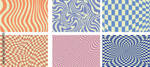 Collection of six vibrant psychedelic optical illusion patterns featuring swirling and wavy designs