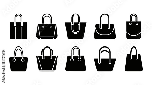 Collection of black handbag icons in various designs and styles.