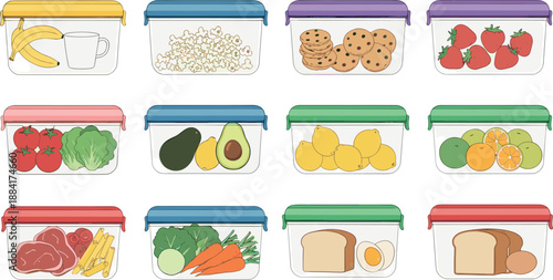 Set of plastic meal prep food containers with colorful lids filled with healthy ingredients including fruits vegetables meat bread eggs and snacks for kitchen organization.