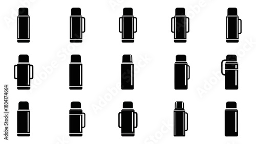 Collection of black thermos icons on white background.