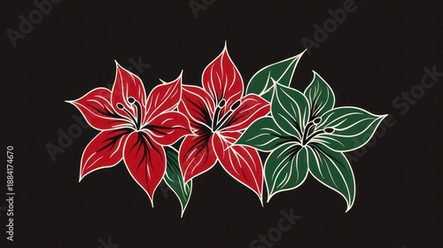 Stylized floral illustration red and green blossoms on black background