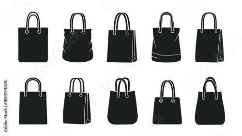 Collection of black shopping bag silhouettes on white background.