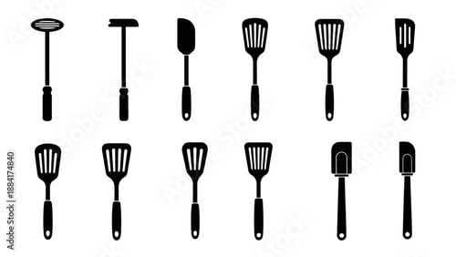 Collection of spatula icons in black and white, kitchen utensils.