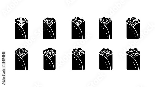 Collection of black and white burrito icons in a vector format.