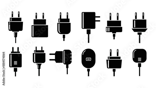 Collection of black silhouette charger adapters for electronic devices on white background.