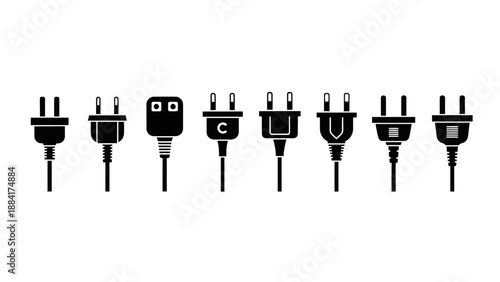 Collection of different electric plugs isolated on white background, vector illustration.
