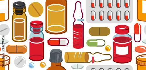 Medicine seamless background, vector medical pills and bottles tiling wallpaper, drugstore and pharma endless pattern, elements easy to use separately as icons or illustrations.