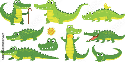 Collection of cute green crocodile characters in various poses featuring a lizard with a cane bow tie and a bird friend for children illustration.