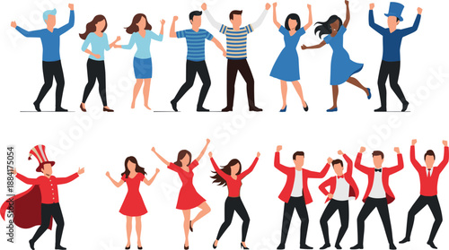 Large collection of happy diverse people celebrating dancing and jumping with joy wearing casual outfits and formal attire for party event and community success vector.