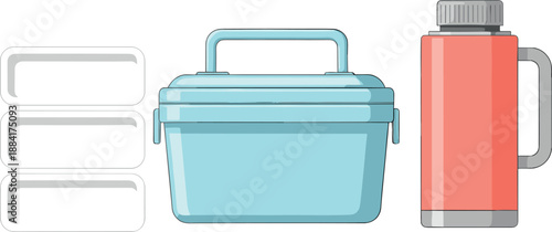 Flat vector illustration set of meal prep essentials featuring a blue plastic lunch box with handle a red thermos bottle and white food containers.