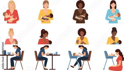 Set of diverse mothers breastfeeding newborn babies and feeding infants in high chairs for parenting healthcare maternal wellness and childcare vector illustration.