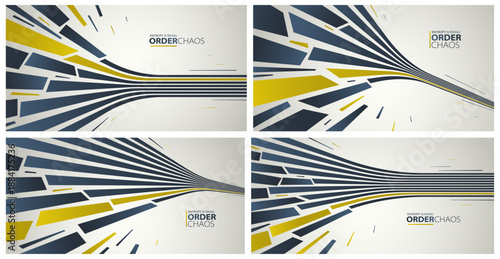 Debris particles exploding in chaos vector abstract background set, entropy is rising to decay and disorder, elements flying in motion, 3D wallpaper.