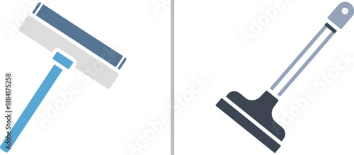 Two vector cleaning tool icons: a blue and grey window squeegee and a dark grey plunger with a long handle. Simple, flat, professional graphics for janitorial or maintenance services.