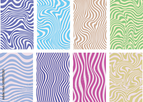 Collection of eight vibrant optical illusion seamless patterns featuring groovy retro aesthetic designs