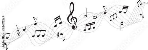 Abstract music notes and clef on wavy pentagram lines for musical stave composition and creative sound design