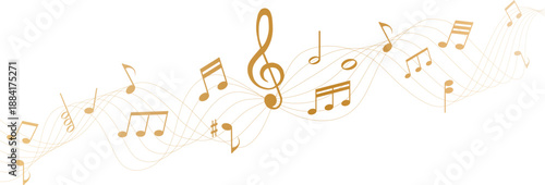 Abstract gold music notes and clef on wavy pentagram lines for musical stave composition and creative sound design