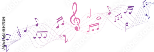 Abstract purple music notes and clef on wavy pentagram lines for musical stave composition and creative sound design