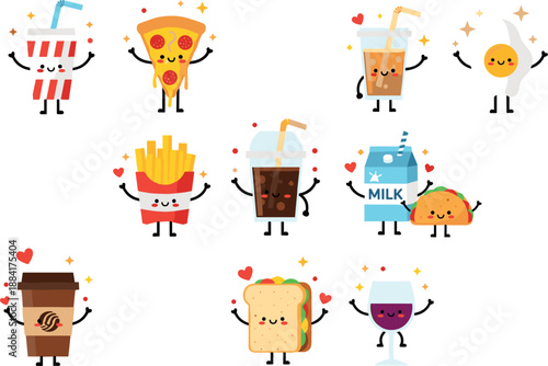Set of cute kawaii fast food and drink characters featuring pizza burger fries coffee soda taco sandwich and milk for stickers and kids decor.