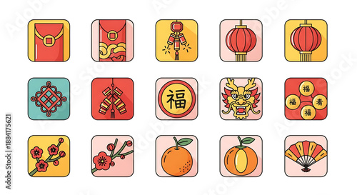 A collection of vibrant icons representing Chinese New Year symbols, including lanterns, fruits, and traditional motifs, arranged in a grid pattern