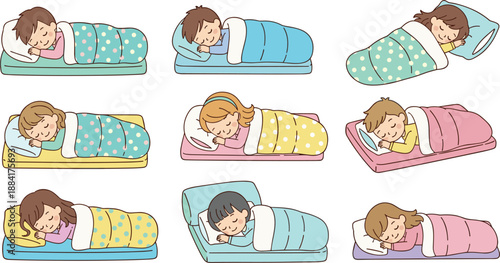 Sleeping child positions vector illustration set showing kids resting in different poses, bedtime routine, healthy sleep habits and comfort concept in cute cartoon style isolated
