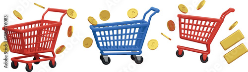 Shopping cart profit vector illustration set with coins and gold bars, retail earnings, ecommerce revenue, sales success and consumer spending concept isolated