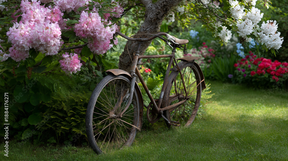 Fototapeta premium Rustic bicycle leaning against a flowering tree.