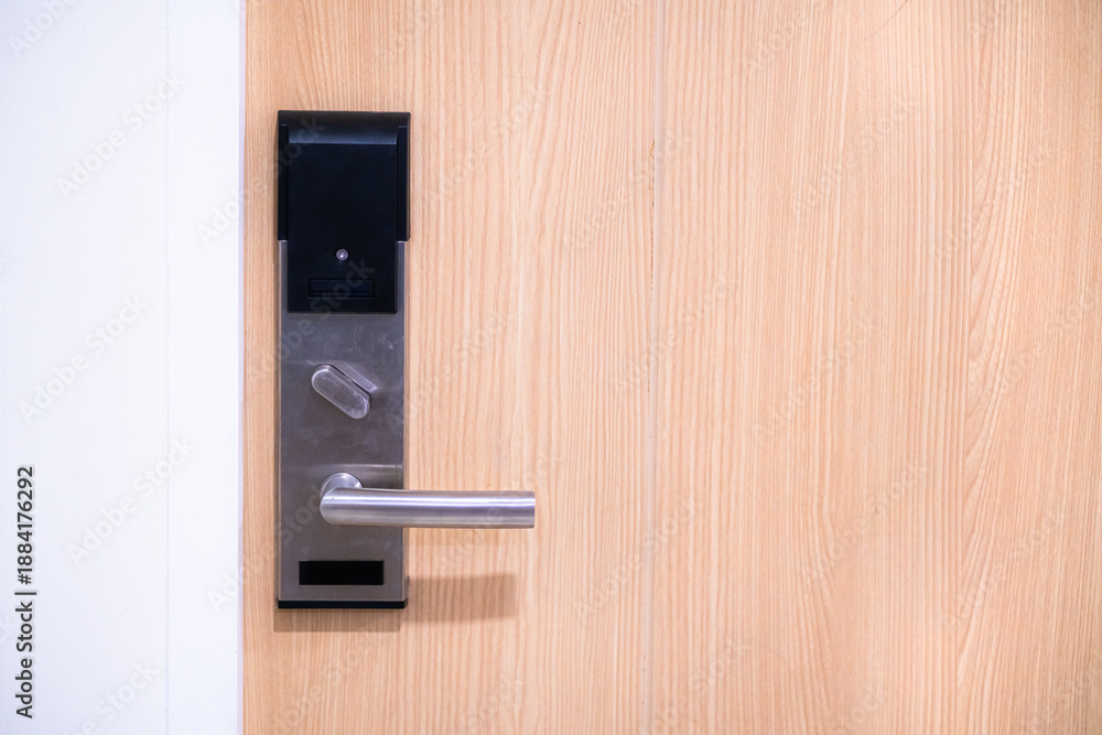 Fototapeta premium Close-up elements of the interior of the apartment. Detail interior door with a chrome door handle and latch.