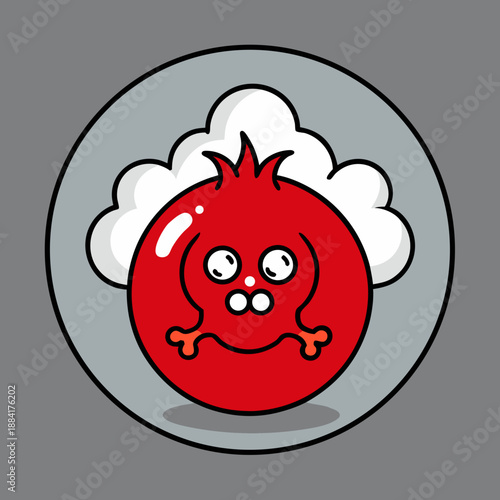 Cartoonish red danger hazard icon with toxic fumes symbol and white cloud effect within a circular frame