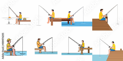 Various vector illustrations of men sitting on wooden piers or docks fishing, enjoying a recreational outdoor activity near water.