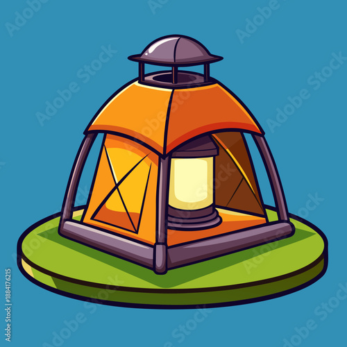 Charming cartoon camping tent with illuminated lantern on grassy patch
