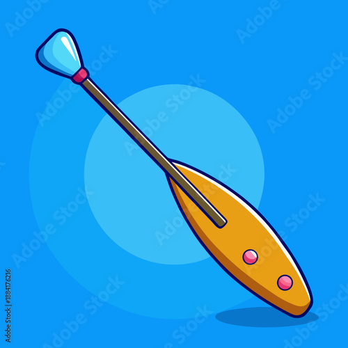 Bright yellow kayak paddle with blue tip and pink accents for water sports, isolated on a blue background