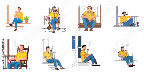 Set of vector illustrations depicting men smoking tobacco pipes while relaxing on a porch, steps, or sitting in a classic rocking chair outdoors.