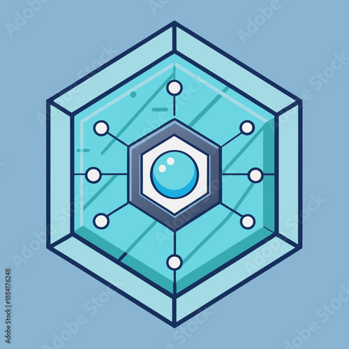 Futuristic hexagonal AI core with digital network connections, representing advanced technology and data flow.