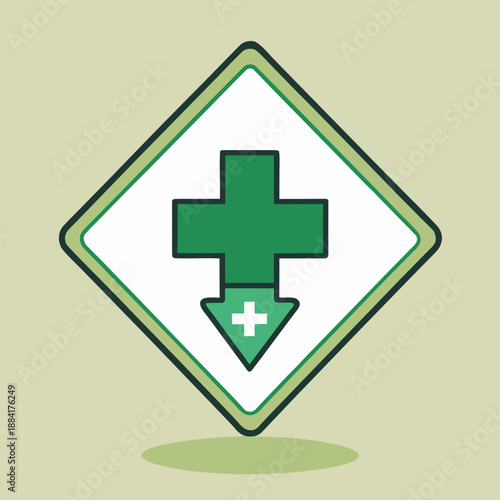 Green Medical Emergency Sign with Downward Arrow and Cross Icon Conveying Critical Health Guidance