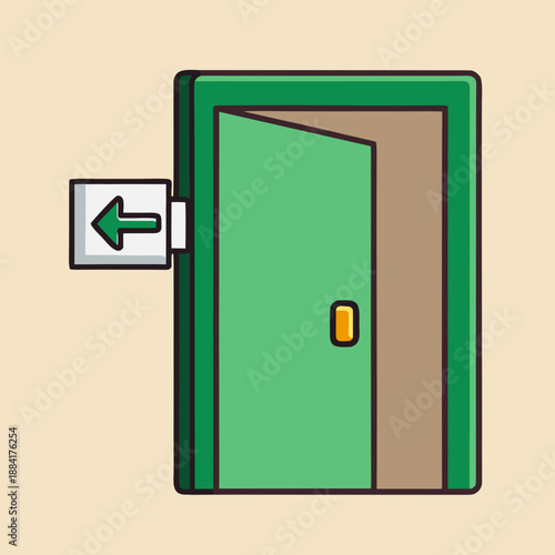 Green emergency exit door with a leftward directional arrow sign for safety and evacuation guidance