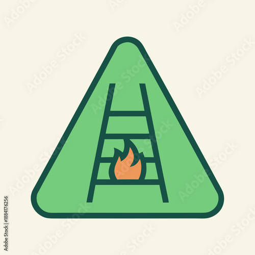 Green triangle symbol with fire escape ladder and flame illustration isolated
