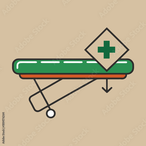 Green Medical Stretcher Icon with Plus Symbol for Emergency Healthcare Transport and Assistance